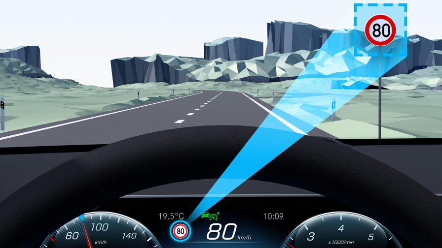 Mercedes-Benz EQC: sistema di assistenza attivo al rilevamento automatico del limite di velocità Nell'immagine, una visualizzazione del funzionamento del sistema di assistenza attivo al rilevamento automatico del limite di velocità.
