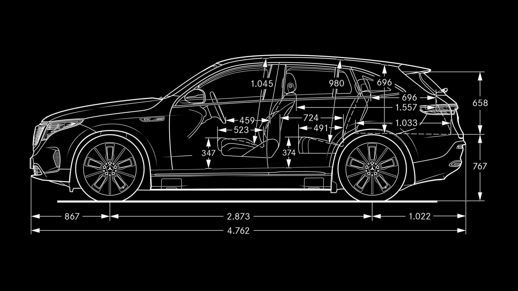 Mercedes-Benz EQC: vista laterale Il disegno quotato presenta una vista laterale di Mercedes-Benz EQC.